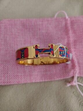 Gold H Bracelet with Pink & Blue Enamel